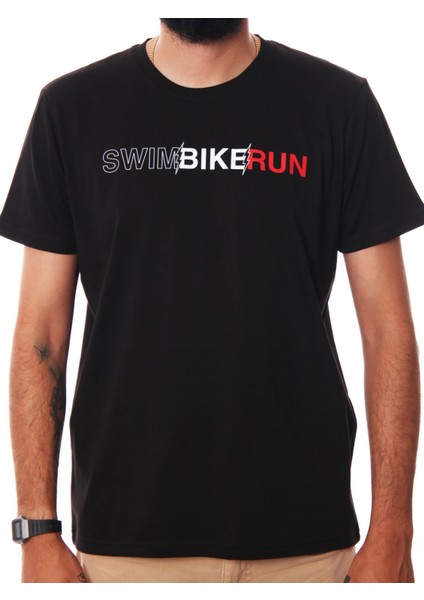 Swim Bike Run Baskılı Siyah Tişört