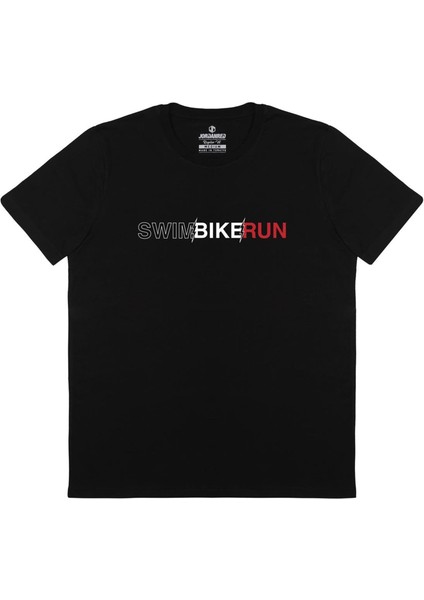 Swim Bike Run Baskılı Siyah Tişört