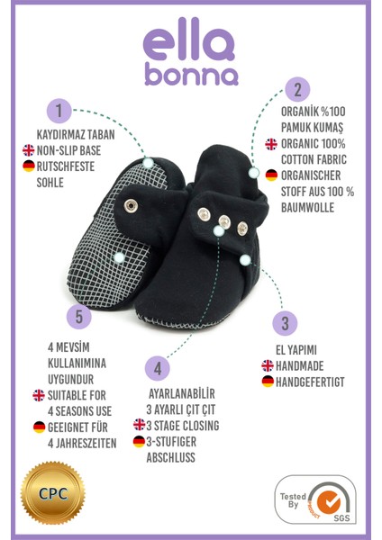 Organik Pamuk Bebek Pandufu, Kaydırmaz Taban, Yenidoğan Patiği, Ev Kreş Ayakkabısı, Siyah modelleri