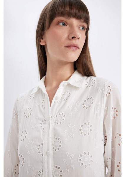 Gömlek Yaka Vual Brode Yarım Kol Maxi Beyaz Elbise