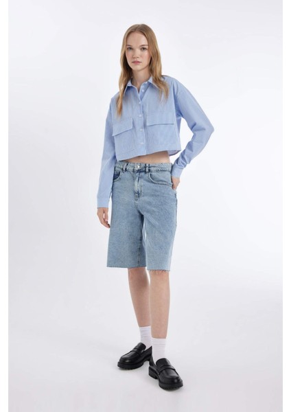 Coool Crop Çizgili Cepli Poplin Uzun Kollu Gömlek