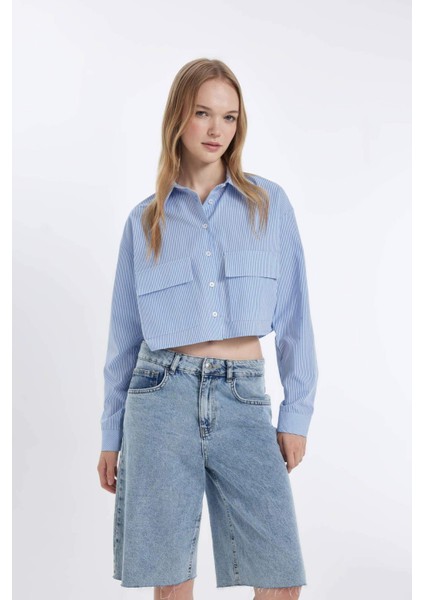Coool Crop Çizgili Cepli Poplin Uzun Kollu Gömlek