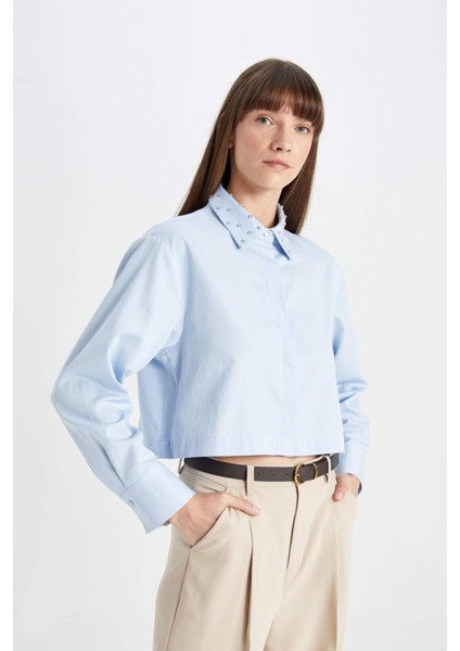 Crop Basic Düz Düğmeli Dokuma Uzun Kollu Gömlek D4617AX24AU