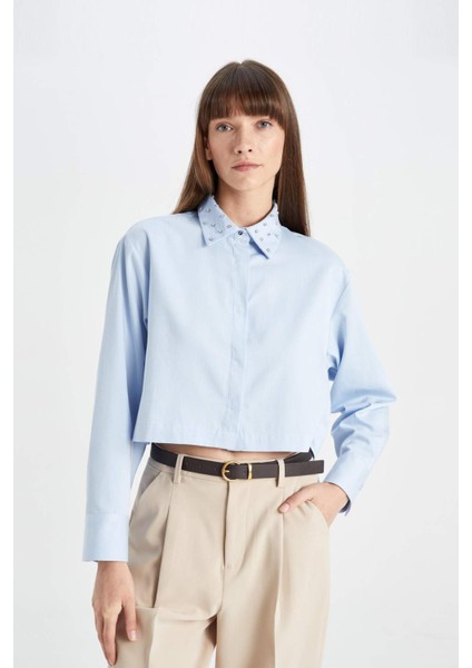 Crop Basic Düz Düğmeli Dokuma Uzun Kollu Gömlek D4617AX24AU