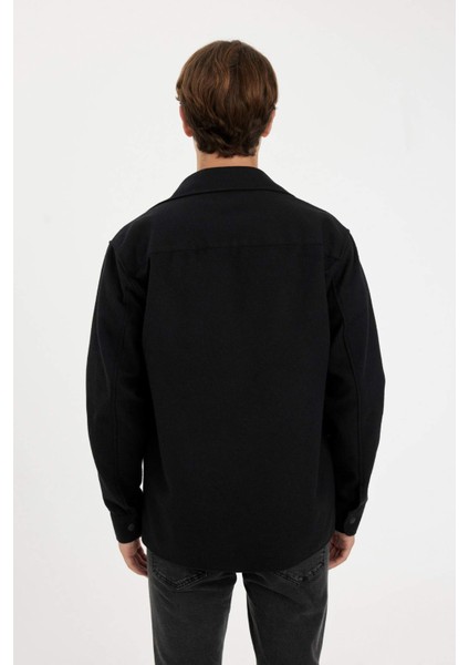 Relax Fit Yaka Waffle Basic Düz Pamuk Karışımlı Uzun Kollu Gömlek A6872AX24AU