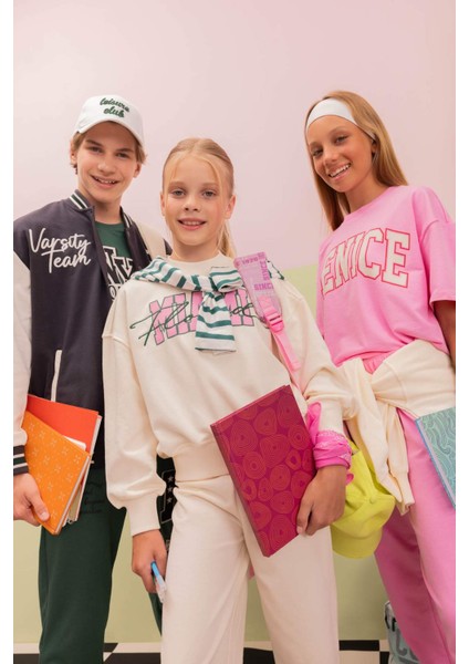 Kız Çocuk 2'li Takım Bisiklet Yaka Baskılı Sweatshirt Geniş Bol Paça Eşofman Altı C7777A824AU
