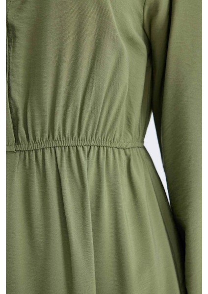 Gömlek Yaka Basic Düz Düğmeli Beli Büzgülü Uzun Kollu Maxi Elbise D5851AX24AU