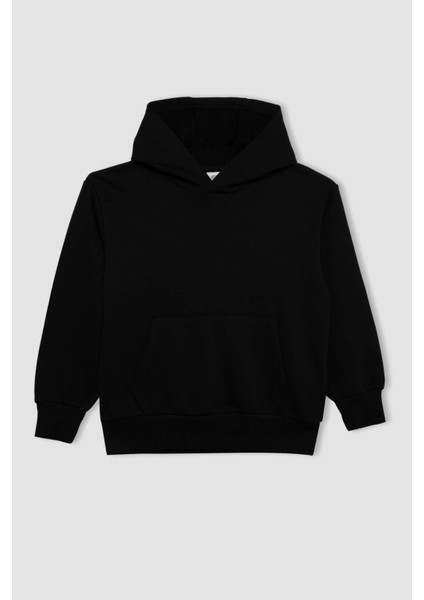 Erkek Çocuk Siyah Cepli Kapüşonlu Basic Düz Okul Sweatshirt C7564A824AU