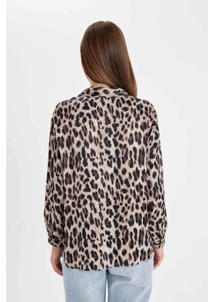 Regular Fit Leopar Desenli Poplin Uzun Kollu Gömlek D3148AX24AU