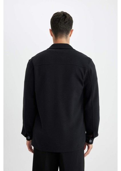 Siyah Polo Yaka Twill Uzun Kollu Gömlek Ceket D3381AX24AU