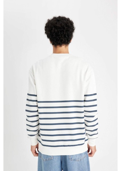 Comfort Regular Fit Rahat Kalıp Bisiklet Yaka Çizgili Kalın Sweatshirt D2397AX24AU