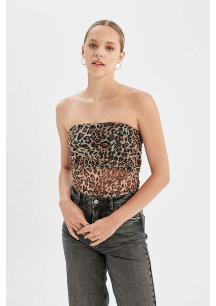 Leopar Desenli Straplez Tül Bluz D4792AX24AU