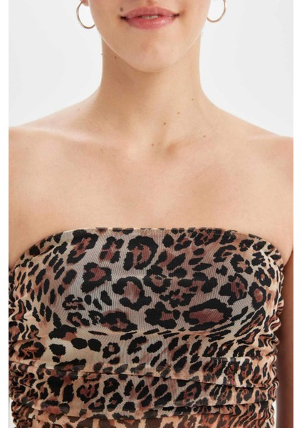 Leopar Desenli Straplez Tül Bluz D4792AX24AU