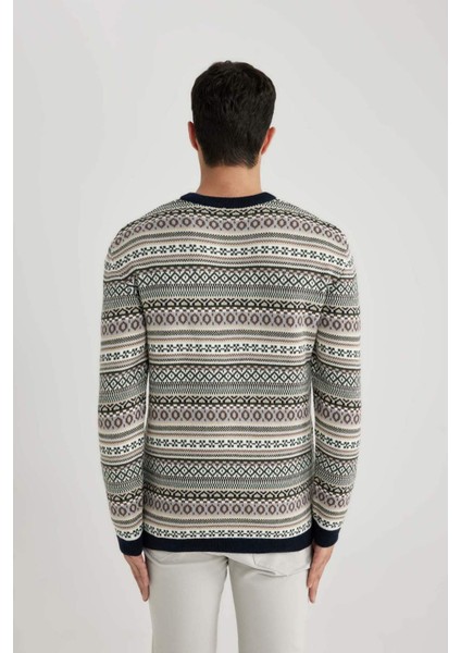 Standart Fit Normal Kesim Bisiklet Yaka Jakarlı Desenli Triko Kazak B9715AX24AU