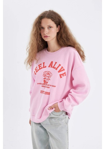 Oversize Geniş Kalıp Bisiklet Yaka Baskılı Kalın Sweatshirt D4940AX24AU