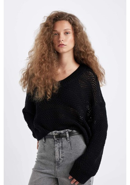 Regular Fit V Yaka Kroşe Siyah Triko Kazak D4633AX24AU