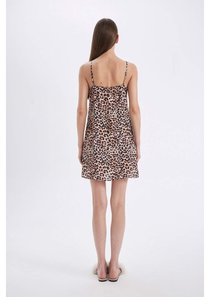 Leopar Desenli V Yaka Saten Askılı Gecelik-Fall in Love D4407AX24HS