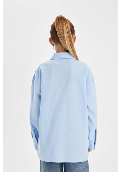 Kız Çocuk Oversize Geniş Kalıp Poplin Uzun Kollu Basic Düz Okul Gömleği C7482A824AU