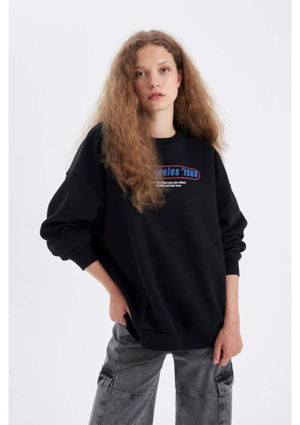 Oversize Geniş Kalıp Bisiklet Yaka Sırt Baskılı Kalın Sweatshirt D4939AX24AU