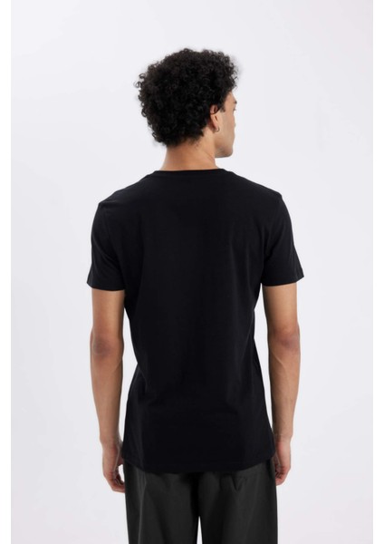 %100 Pamuk Siyah Slim Fit Dar Kesim Bisiklet Yaka Baskılı Kısa Kollu Tişört C2132AX24AU