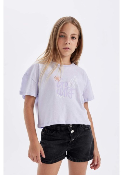 Kız Çocuk Crop Bisiklet Yaka Baskılı 2'li Kısa Kollu Tişört C5254A824SM