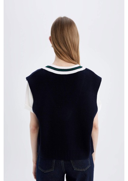 Regular Fit V Yaka Selanik Örgülü Triko Süveter A3867AX24AU