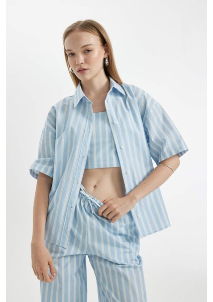 Coool Oversize Çizgili Poplin Kısa Kollu Gömlek D3835AX24HS