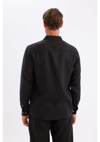 Regular Fit Polo Yaka Yazlık Keten Basic Düz Uzun Kollu Gömlek C1825AX24SM