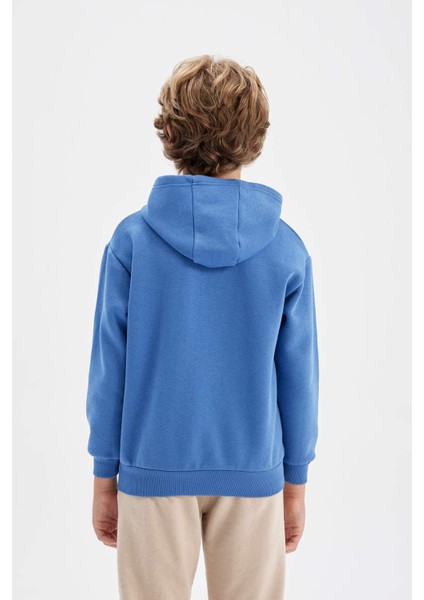 Erkek Çocuk Mavi Baskılı Kapüşonlu Cepli Sweatshirt C9787A824AU