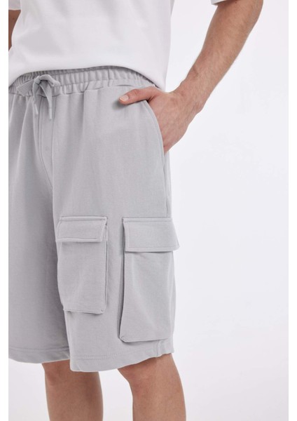 Relax Fit Beli Lastikli Bağcıklı Basic Düz Kargo Bermuda Şort C5591AX24HS