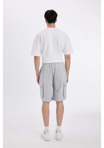 Relax Fit Beli Lastikli Bağcıklı Basic Düz Kargo Bermuda Şort C5591AX24HS