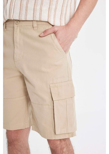 Relax Fit Düz Paça Gabardin Kargo Bermuda Şort C5382AX24SM