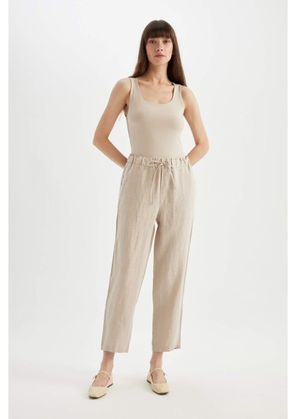 Jogger Keten Kumaş Pantolon Cepli Yüksek Bel Kısa Paça C7683AX24SM