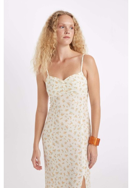 Kalp Yaka Çiçekli Maroken Askılı Midi Elbise C0960AX24SM