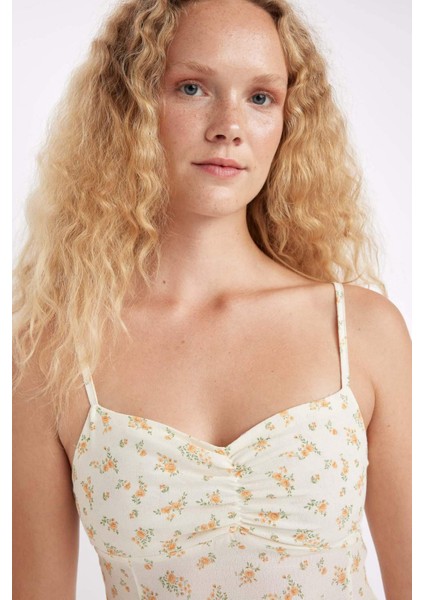 Kalp Yaka Çiçekli Maroken Askılı Midi Elbise C0960AX24SM