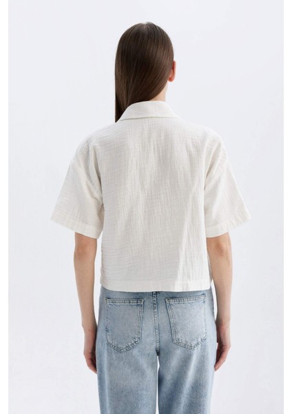 Oversize Geniş Kalıp Nakışlı Müslin Kısa Kollu Gömlek
