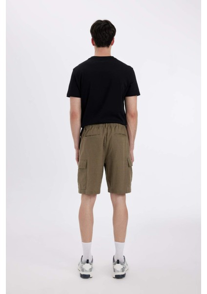 %100 Pamuk Regular Fit Keten Görünümlü Kargo Bermuda Şort B5676AX24SM