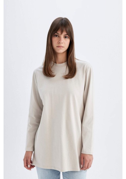 Regular Fit Bisiklet Yaka Basic Düz Uzun Kollu Tişört Tunik C9609AX24SM