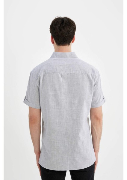 Slim Fit Dar Kesim Yazlık Polo Yaka Keten Görünümlü Kısa Kollu Gömlek N9073AZ24SM