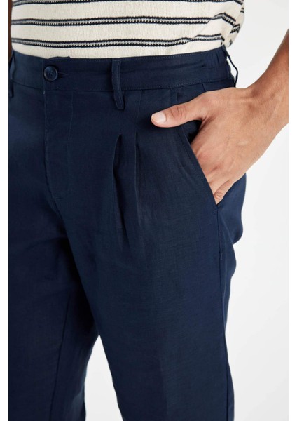 %100 Keten Normal Kesim Crop Duble Paça Yazlık Kumaş Pantolon C1826AX24SM