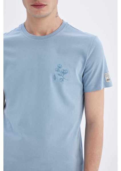 %100 Pamuk Slim Fit Dar Kesim Bisiklet Yaka Baskılı Kısa Kollu Tişört C3946AX24SM