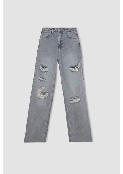 90's Wide Leg Yırtık Detaylı Yüksek Bel Uzun Jean Yıkamalı Pantolon C8606AX24HS