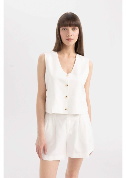 V Yaka Keten Karışımlı Beyaz Blazer Yelek D0513AX24SM