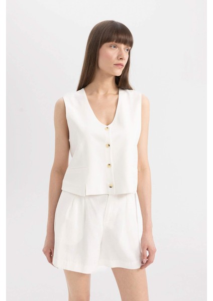 V Yaka Keten Karışımlı Beyaz Blazer Yelek D0513AX24SM