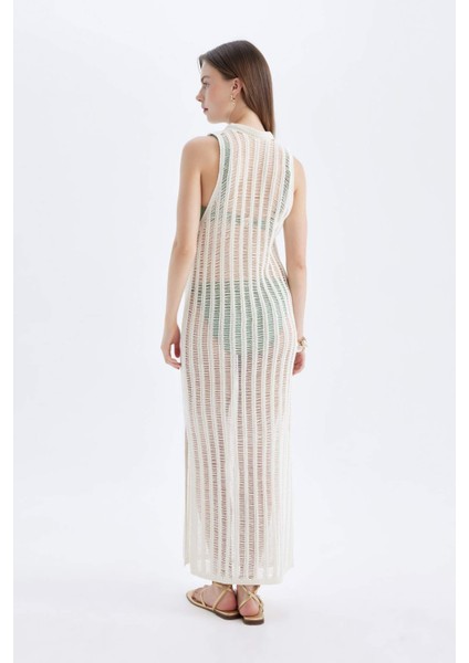 Regular Fit Bisiklet Yaka Kroşe Kolsuz Maxi Triko Plaj Elbise A7830AX24SM