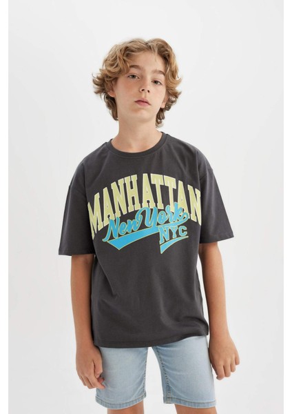 Erkek Çocuk Oversize Geniş Kalıp Bisiklet Yaka Baskılı Kısa Kollu Tişört C3901A824HS