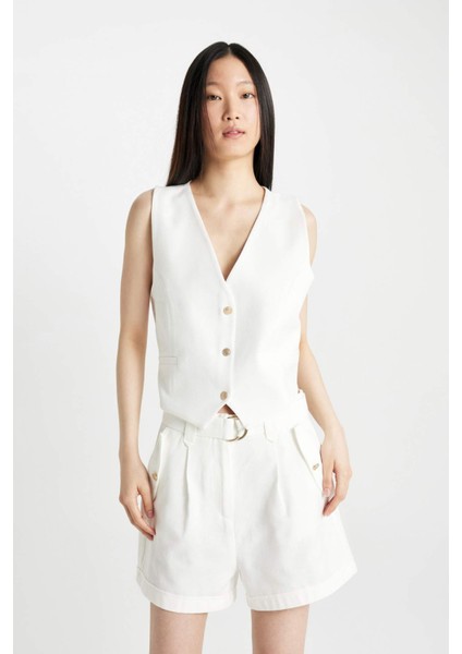 Crop V Yaka Keten Karışımlı Blazer Yelek C7798AX24SM