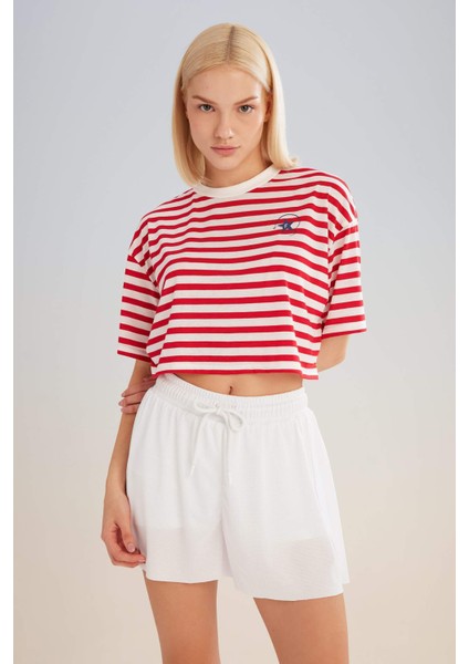 Fit Crop Bisiklet Yaka Çizgili Sporcu Kısa Kollu Tişört C5823AX24SM