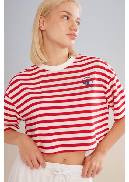 Fit Crop Bisiklet Yaka Çizgili Sporcu Kısa Kollu Tişört C5823AX24SM modelleri