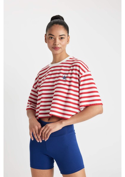 Fit Crop Bisiklet Yaka Çizgili Sporcu Kısa Kollu Tişört C5823AX24SM indirimleri